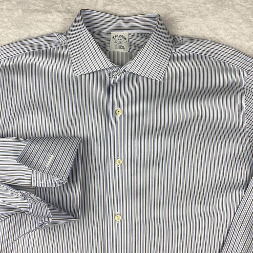 Brooks Brothers Dress Shirt Men's 17-34 Blue/Olive Stripes French Cuffs No Iron